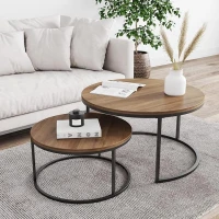 Woodx NOMA Modern Nesting Coffee Table Set of 2, Round Industrial Wood and Metal Accent Tables for Living Room